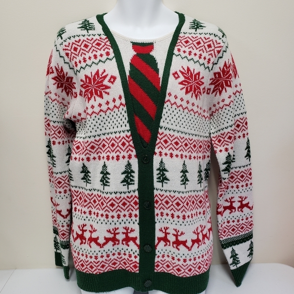 Jolly Sweaters Mens Faux Cardigan Christmas Holiday Knit Sweater Size Medium